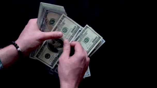 Slow Motion Money Counting One Hundred Dollar Bills Black Surface — Stock Video