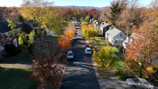 Renkli Sonbahar Yaprakları Dökülürken Küçük Sakin Kasabadaki Evlerin Hava Aracı — Stok video