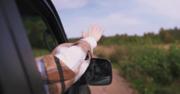 白人妇女挥动着她的胳膊和手在一辆行驶中的汽车外面 在乡间户外的自由概念 — 图库视频影像