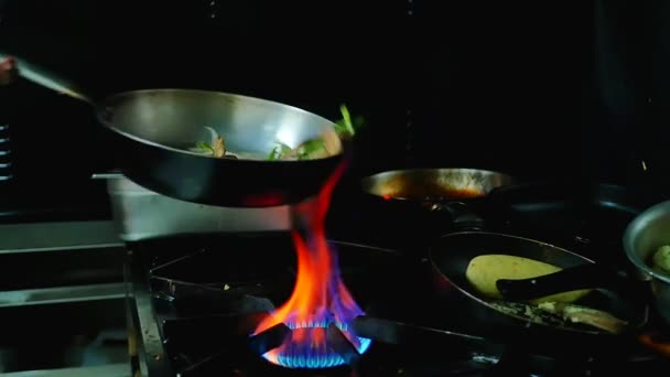 Food Cooking Pan Open Flame Being Flipped — Stock Video