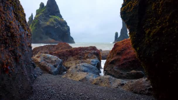 Formacje Skalne Bazaltowe Stosy Morskie Plaży Reynisfjara Południowej Islandii Antena — Wideo stockowe