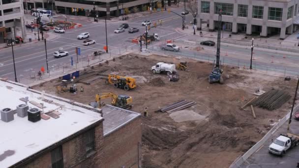 Sitio Excavación Construcción Junto Concurrida Intersección Centro Salt Lake City — Vídeo de stock