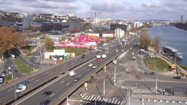 Circo Medrano Autopista Junto Río Ródano Lyon Francia Wide Static — Vídeo de stock