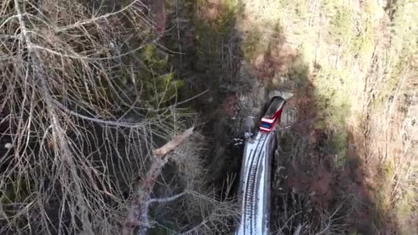 Flyg Rött Och Vitt Tåg Alperna Lämnar Tunnel Och Korsar — Stockvideo