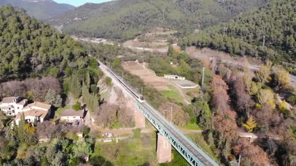 幹線道路を渡り鋼橋を渡る旅客列車 — ストック動画