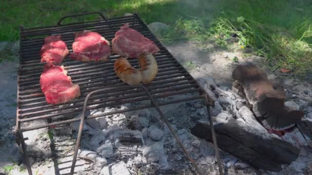 Argentijnse Barbecue Traditionele Asado Het Draaien Van Worst Chorizo — Stockvideo