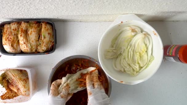 Mani Maschili Che Indossano Guanti Preparano Kimchi Coreani Fatti Casa — Video Stock