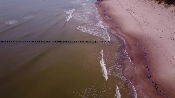 발트해 해안선에 나무로 부두의 아름다운 침식으로 영향을 각도의 앞쪽으로 기울어 — 비디오