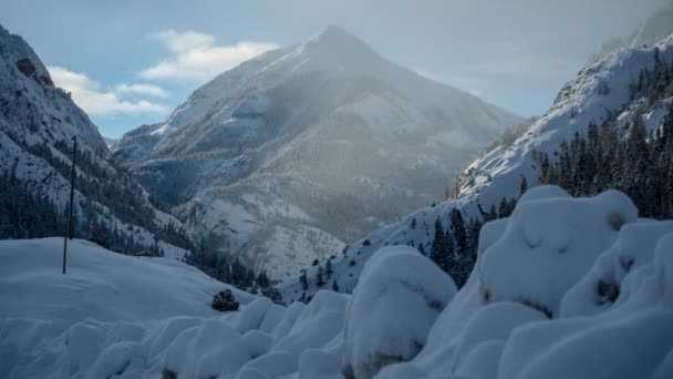 Time Lapse Idyllic Mountain Winter Landscape Snow Capped Hills Valley — Stock Video