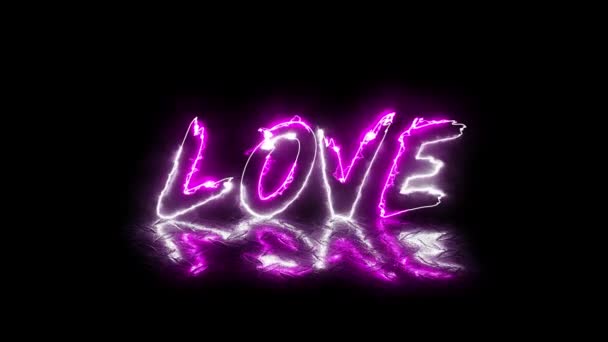 Neon Glödande Kärlek Tecken Rosa Och Violett Text Med Spegeleffekt — Stockvideo