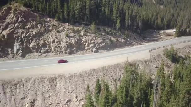 Camion Panning Girato Seguito Una Macchina Rossa Attraverso Alberi Pino — Video Stock
