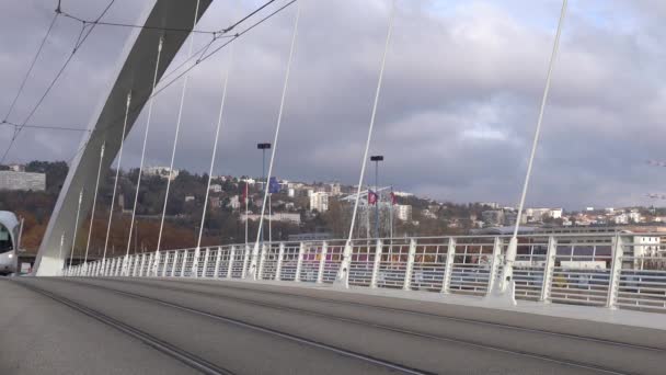 Tramway Train Crosses Raymond Barre Bridge Lyon France Static — Stock Video
