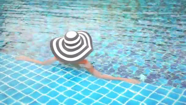 Glamourous Woman Floppy Hat Relaxing Swimming Pool Back View Full — Stock video