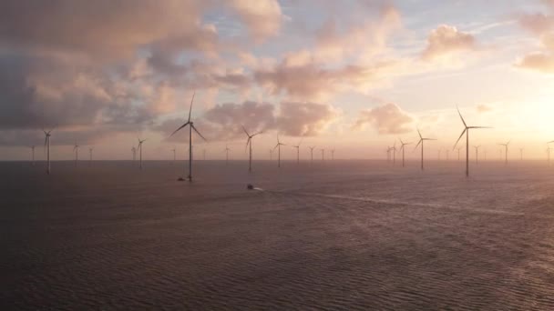 Wind Turbines Spinning Electricity Farm Open Sea Magical Sunrise Aerial — Stock Video