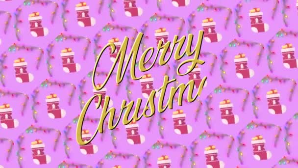 祭りクリスマスアニメーション包装紙スタイルの背景 大胆なピンクの背景に弾力のあるクリスマスストッキングと点滅妖精のライト 書き込みアニメーションメリークリスマスメッセージ — ストック動画