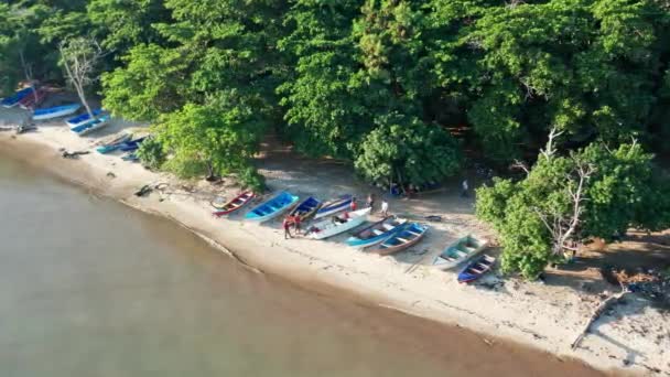 Местные Рыбаки Своими Лодками Берегу Барахоне Доминиканская Республика Воздушный Беспилотник — стоковое видео