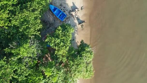 ドミニカ共和国のバラホナのビーチで係留された木製漁船の上の空中トップダウン — ストック動画