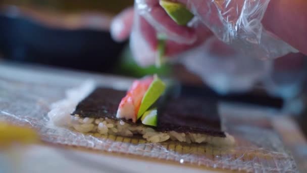 Роллинг Вкусный Вид Суши Ресторане Настройки — стоковое видео