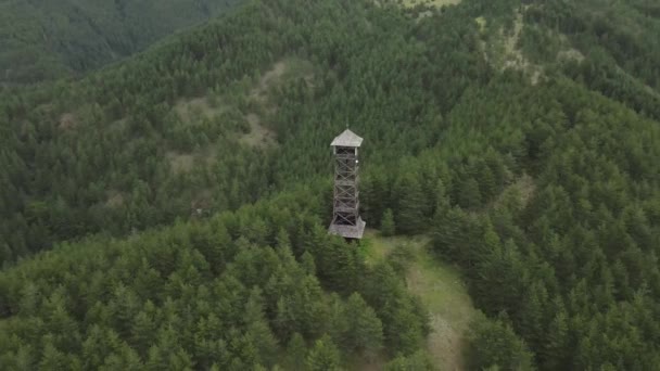 Trä Vakttorn Toppen Kullarna Omgiven Skog Mokra Gora Serbien Drönare — Stockvideo