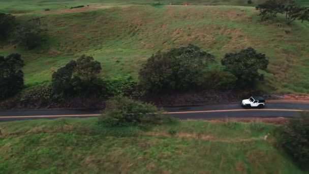 緑の風景と風光明媚な道路上の白いジープの運転の追跡ショット 空撮ビュー — ストック動画