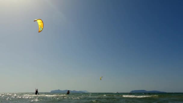 Sportkonzeptaufnahmen Von Aktiven Menschen Die Mit Yellow Kite Surf Für — Stockvideo