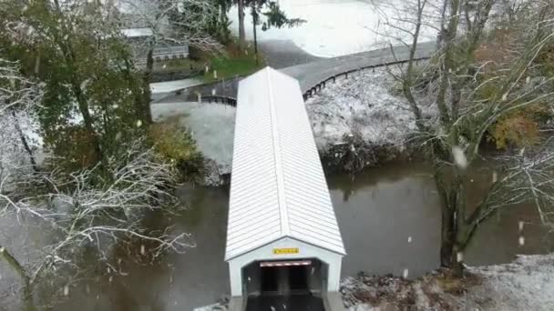 Widok Lotu Ptaka Biały Zadaszony Most Przecinający Potok Zimą — Wideo stockowe