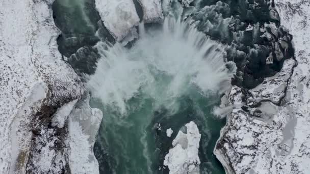 Spectacular Drone Shot Mighty Godafoss Waterfall North Iceland Icy Winter — Stock Video