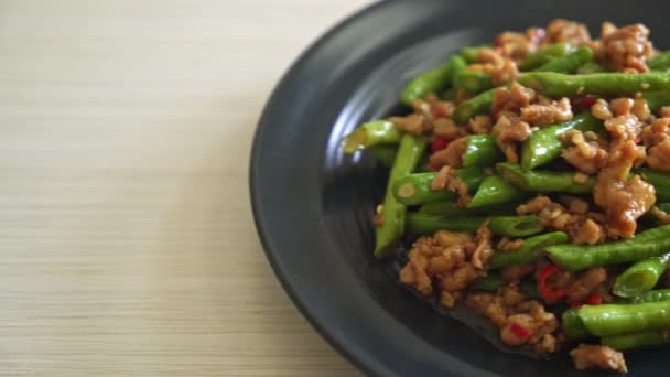 Gebratene Französische Bohnen Oder Grüne Bohnen Mit Schweinehack Asiatische Küche — Stockvideo