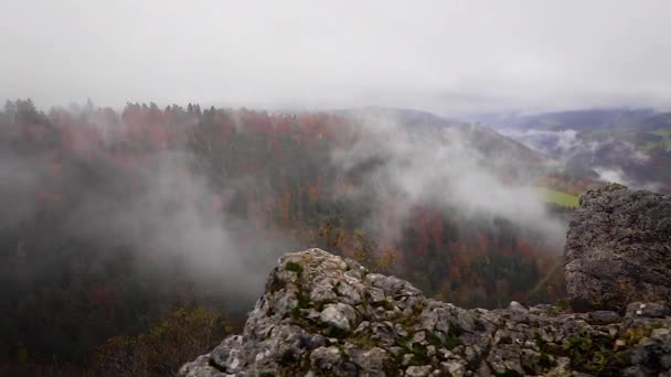 Panorama Mglista Góra Jesienią Ponury Dzień — Wideo stockowe