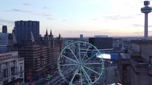 Liverpool Város Karácsonyi Piac Naplemente Skyline Rádió Város Mérföldkő Légi — Stock videók