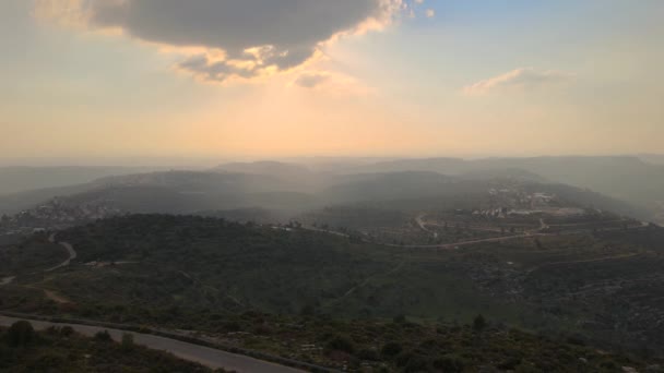 Mountains Samaria Judea Israel Aerial View Sunset Time Cloudy Fog — Stock Video