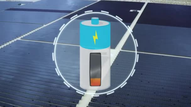 Büyük Güneş Enerjisi Çiftliği Batarya Ikonu Animasyon Örtüsüyle Havadan Üstgeçit — Stok video