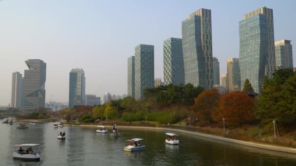 Visitantes Desfrutam Dos Barcos Remos Lago Artificial Central Park Incheon — Vídeo de Stock
