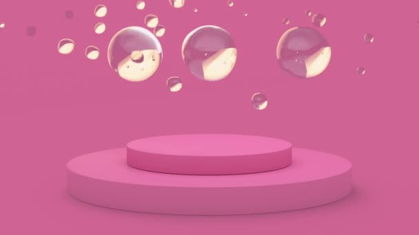 Růžové prázdné kulaté pódium, pódium nebo podstavec a tekuté bubliny nebo koule. Růžové pastelové pozadí reklama. Pozadí nebo model pro kosmetiku nebo módu. 3D animace