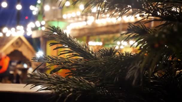 Julgran Tall Nålar Stänga Upp Grunt Dof Belyst Julmarknad Nattfest — Stockvideo