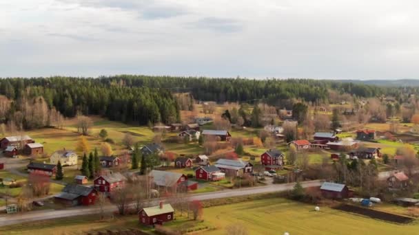 美しい暖かい田舎レッドファームハウスと建物の近くに松の木の森の東 スウェーデン 4Kドローン — ストック動画