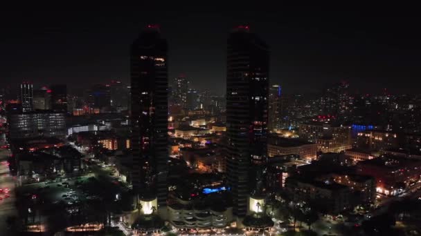Drone Panning Downtown San Diego Skyline Night Skyscrapers Highlighted Cityscape — Stock Video