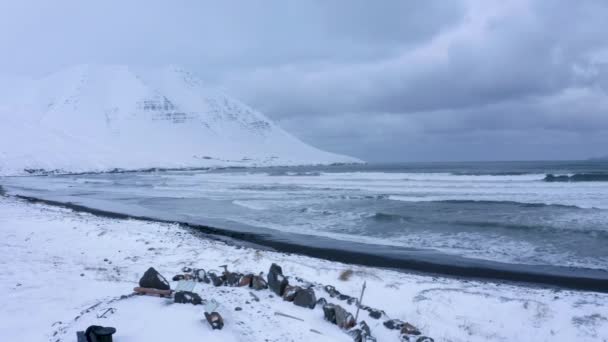 Arktický Oceán Vlny Hit Coast Olafsfjordur Town North Iceland Široký — Stock video