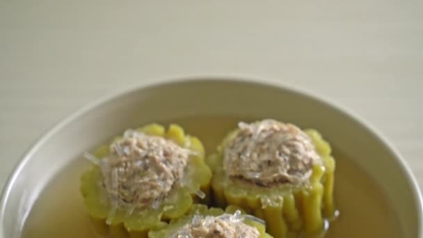 Stuffed Bitter Gourd Seasoned Minced Pork Vermicelli Soup Bowl — Stock Video