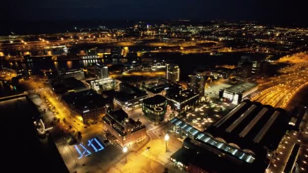 Luftaufnahme Des Hafens Malm Bei Nacht — Stockvideo