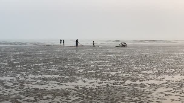 Silhouette Shot Empty Beach Fisherman Working His Net His Child — Stock Video