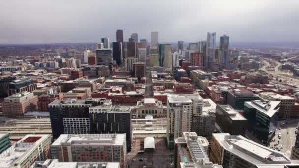 Aerial View Downtown Denver Showing Union Station Surrounding Cityscape Buildings — Stock Video