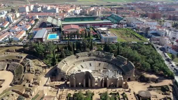 Foto Orbit Dari Amfiteater Romawi Markah Tanah Bersejarah Merida Spanyol — Stok Video