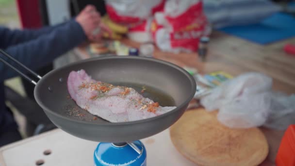 Pescado Filete Plato Cocinero Una Cacerola Sobre Camping Estufa Gas — Vídeo de stock