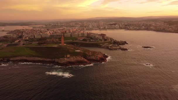 Aerial Footage Coruna Cityscape View Sunset Drone Fly City Galicia — Stock videók