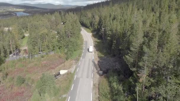 Vista Aérea Una Carretera Medio Denso Bosque Noruega — Vídeo de stock