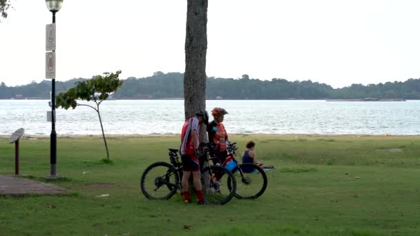 Two Cyclists Taking Rest Changi Beach Park Singapore — Stock Video