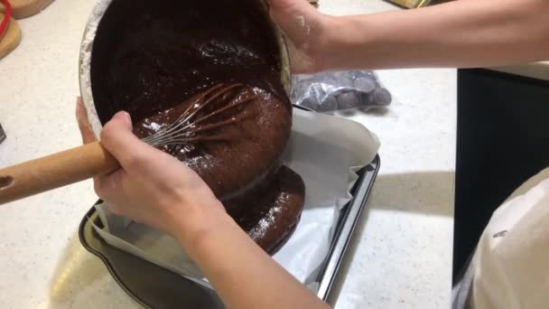 Pouring Chocolate Block Making Brownies — Stock Video