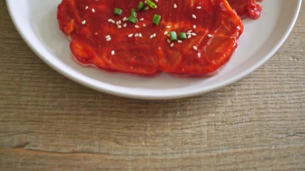 Pork Korean Marinated Fresh Pork Raw Marinated Korean Spicy Paste — Stock Video