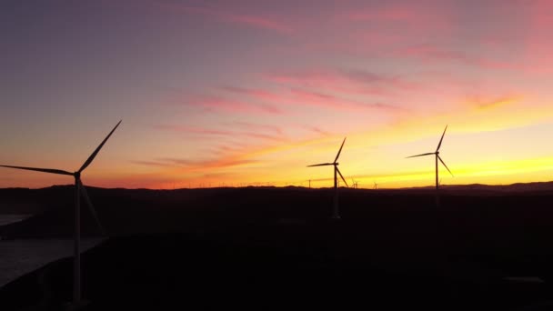 Silhouette Eines Windturbinenparks Bei Buntem Himmel Bei Sonnenuntergang — Stockvideo